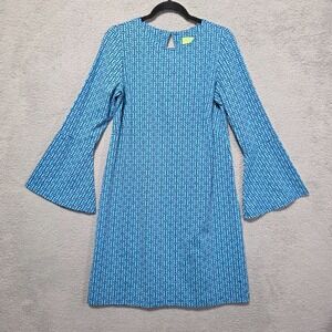 Katherine Way Blue Geometric Shift Dress Knee Length Golf Long Sleeve Bell Large